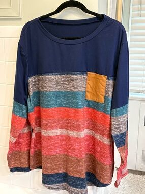 3X Striped Multicolor Long Sleeve Top with Chest Pocket
